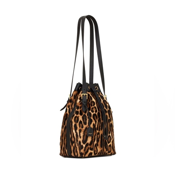 YSL Bag Yves Saint Laurent Rivage Tote Bucket Animal Leopard Fur Black Leather - Picture 3 of 9